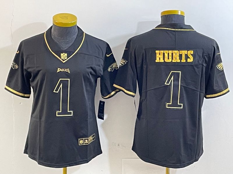 Women Philadelphia Eagles 1 Hurts Black gold 2025 Nike Vapor Limited NFL Jersey style 1